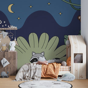 Safari animals wallpaper featuring raccoon and panda in enchanting kids bedroom setting by Kids-Mundo