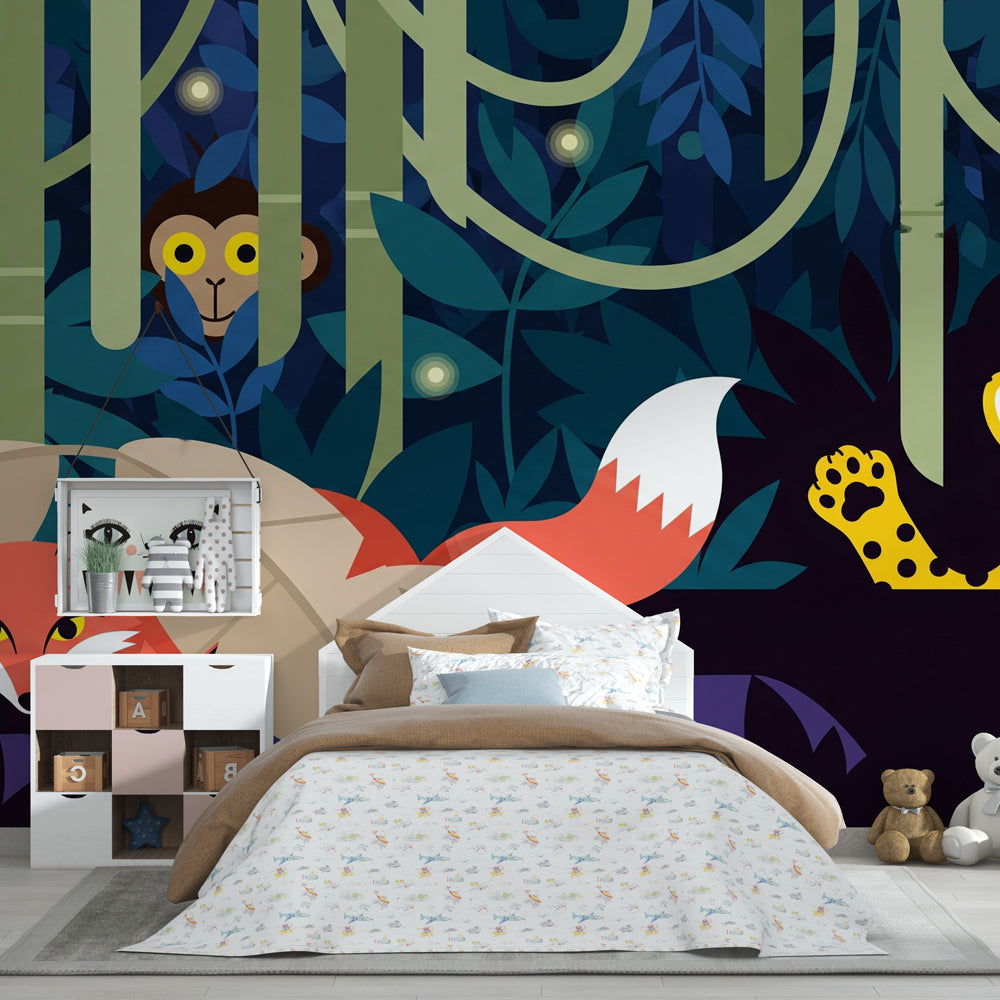 Fox and leopard jungle wallpaper creating adventurous atmosphere in kids bedroom decor