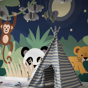 Nocturnal jungle wallpaper with pandas and monkeys decorating cozy children's bedroom space
