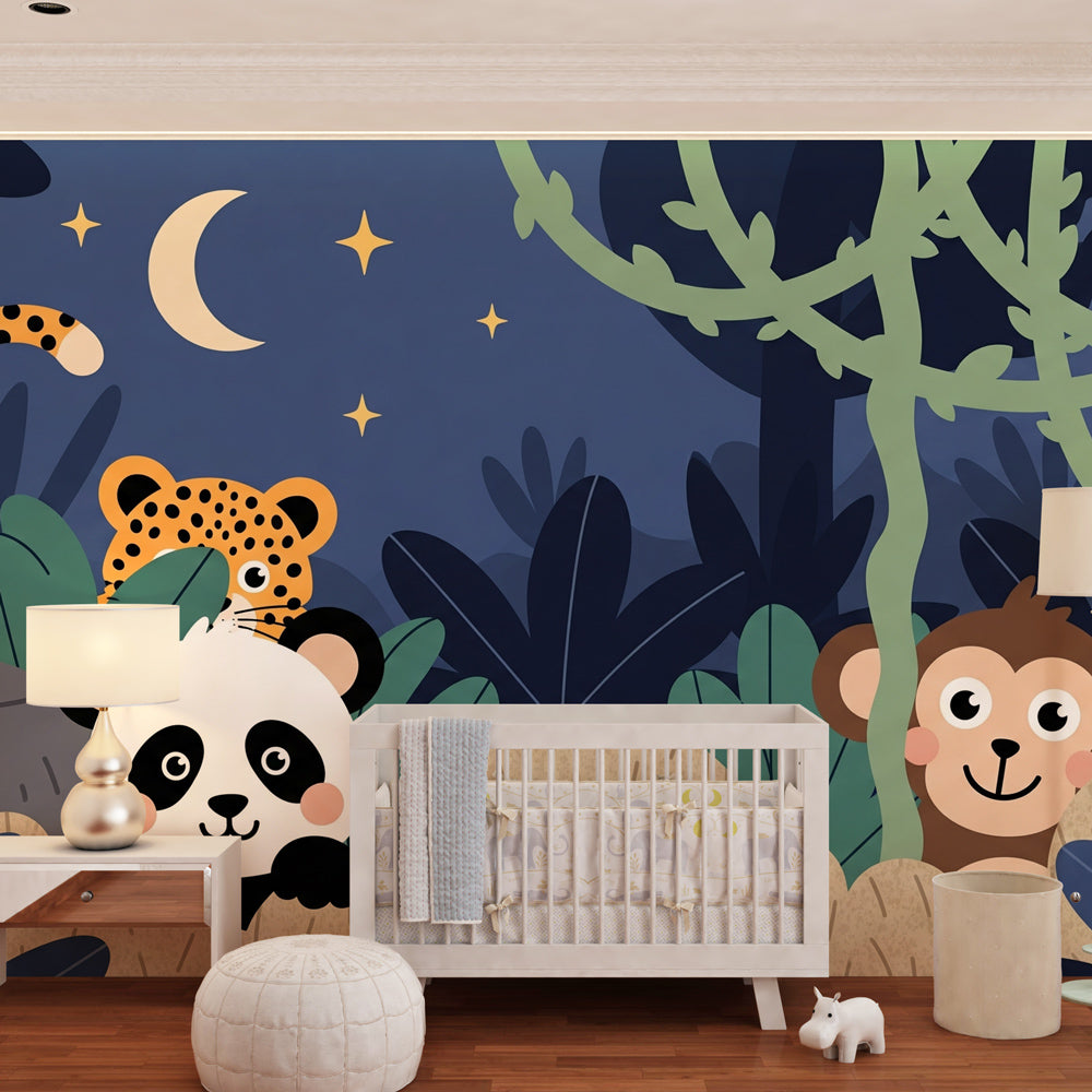 Safari theme wallpaper creating magical kids bedroom decor with tropical animals and stars