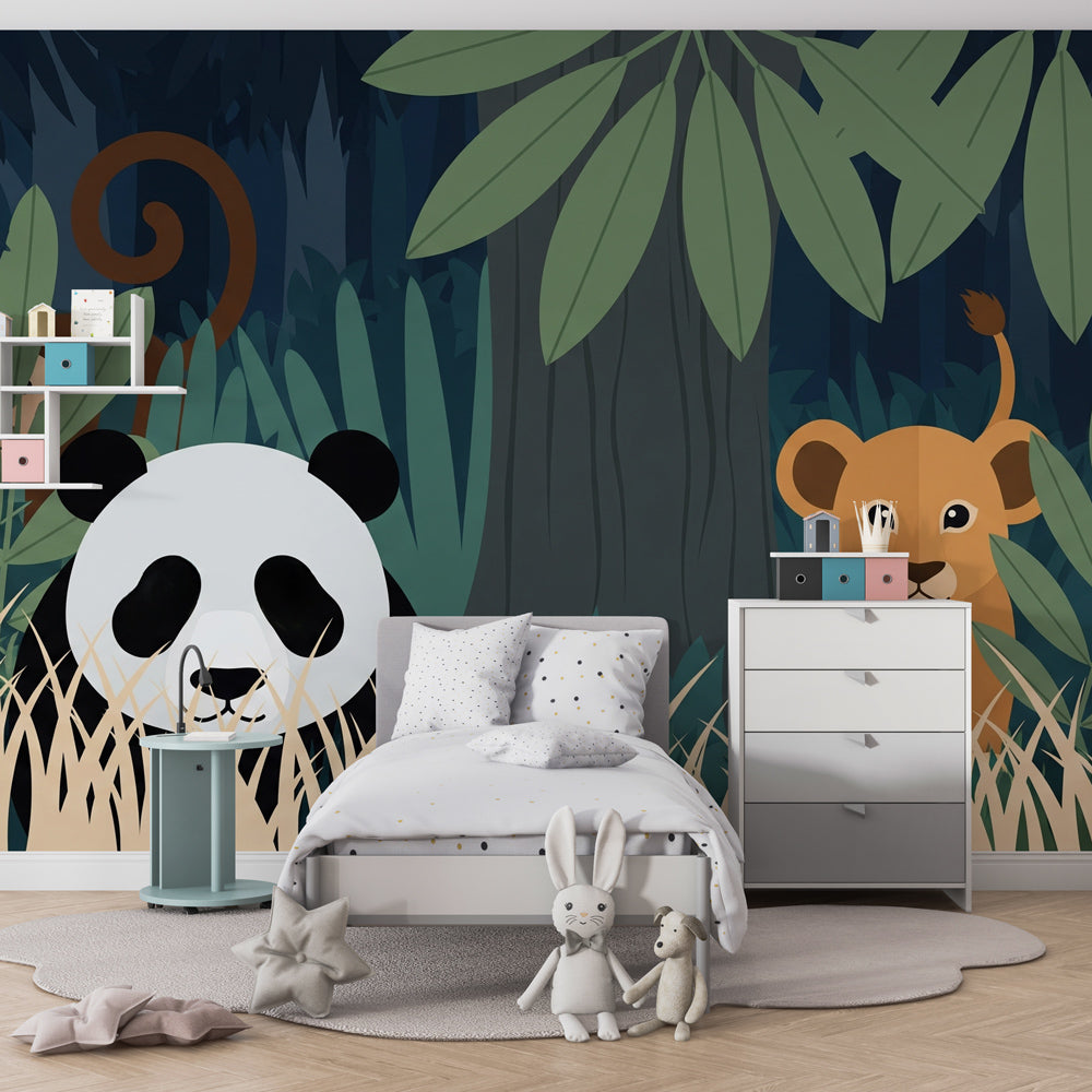 Safari theme mural wallpaper creating adventure atmosphere in children's bedroom decor