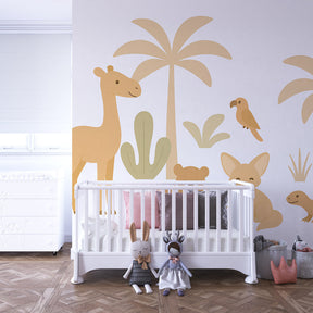 Safari animal wallpaper with bears and fennec foxes in kids bedroom setting by Kids-Mundo