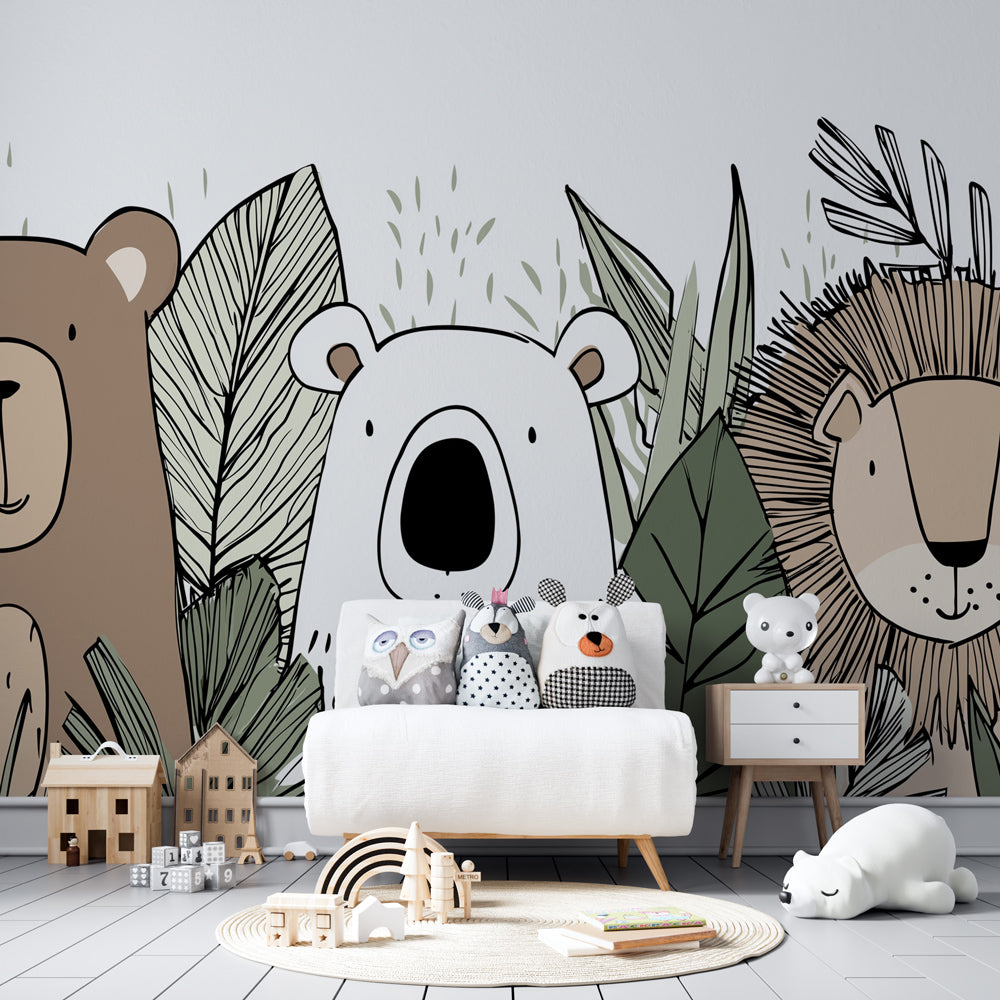 Safari themed children's wallpaper creating adventurous atmosphere in kids bedroom decor