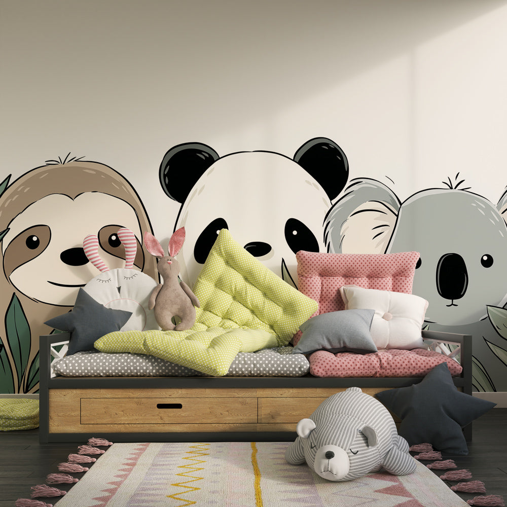 Jungle animal wallpaper creating peaceful kids bedroom atmosphere with green foliage design
