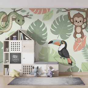 Safari themed mural wallpaper creating tropical adventure atmosphere in kids bedroom decor