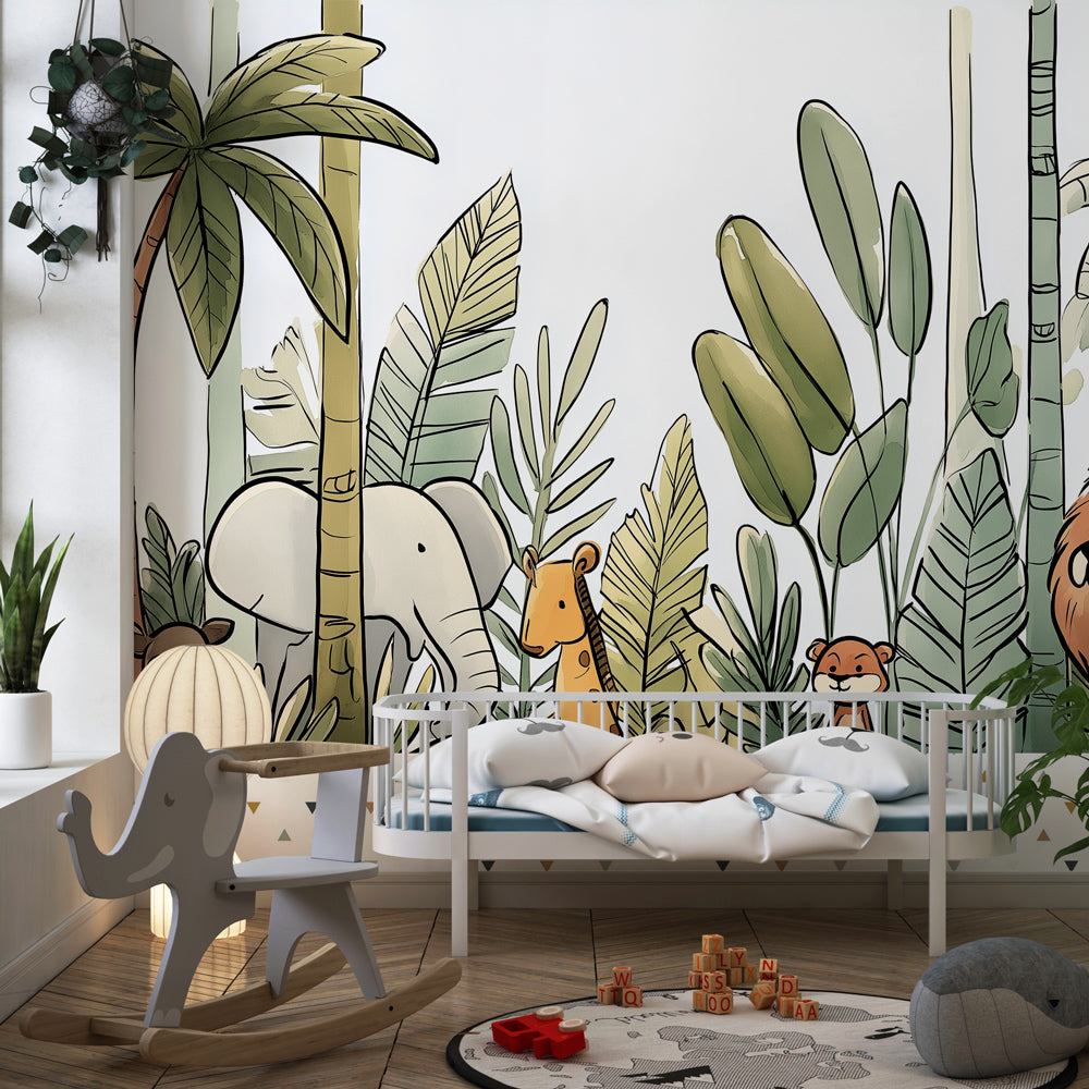 Safari animals wallpaper creating adventurous kids bedroom with wooden furniture