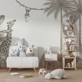 Safari themed mural wallpaper creating peaceful jungle atmosphere in children's bedroom