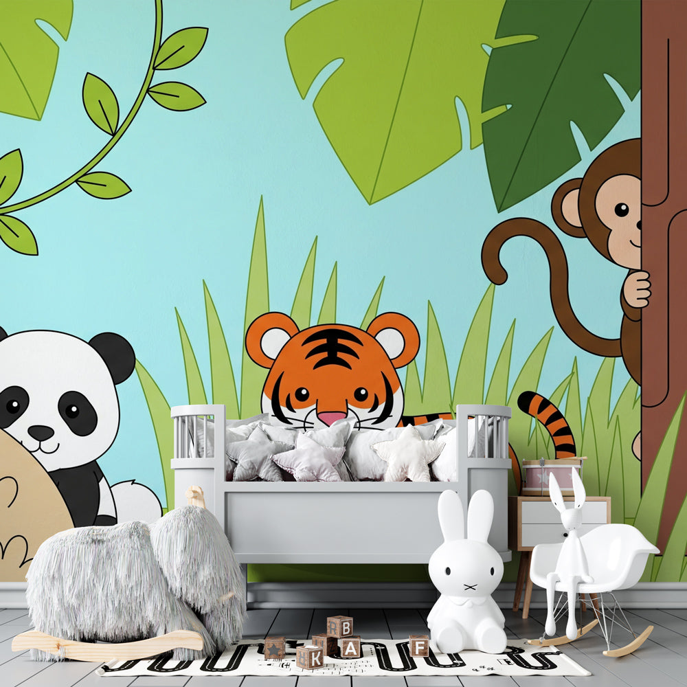 Safari animal wallpaper creating playful kids bedroom decor with fox, panda and tiger