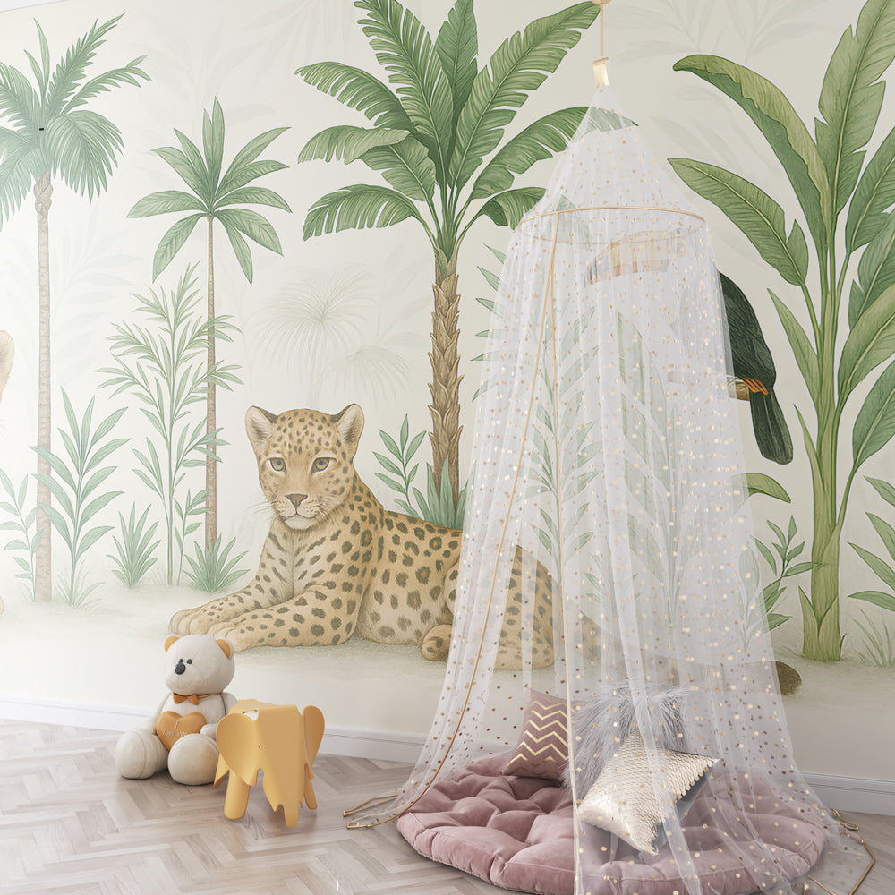 Tropical safari wallpaper creating adventure-themed kids bedroom with natural earth tones