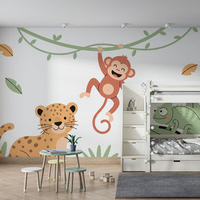 Safari adventure wallpaper creating tropical kids bedroom decor with cute animals and plants