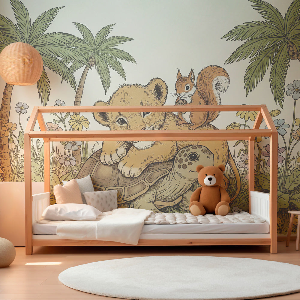 Safari theme wallpaper creating adventure atmosphere in children's bedroom with natural decor