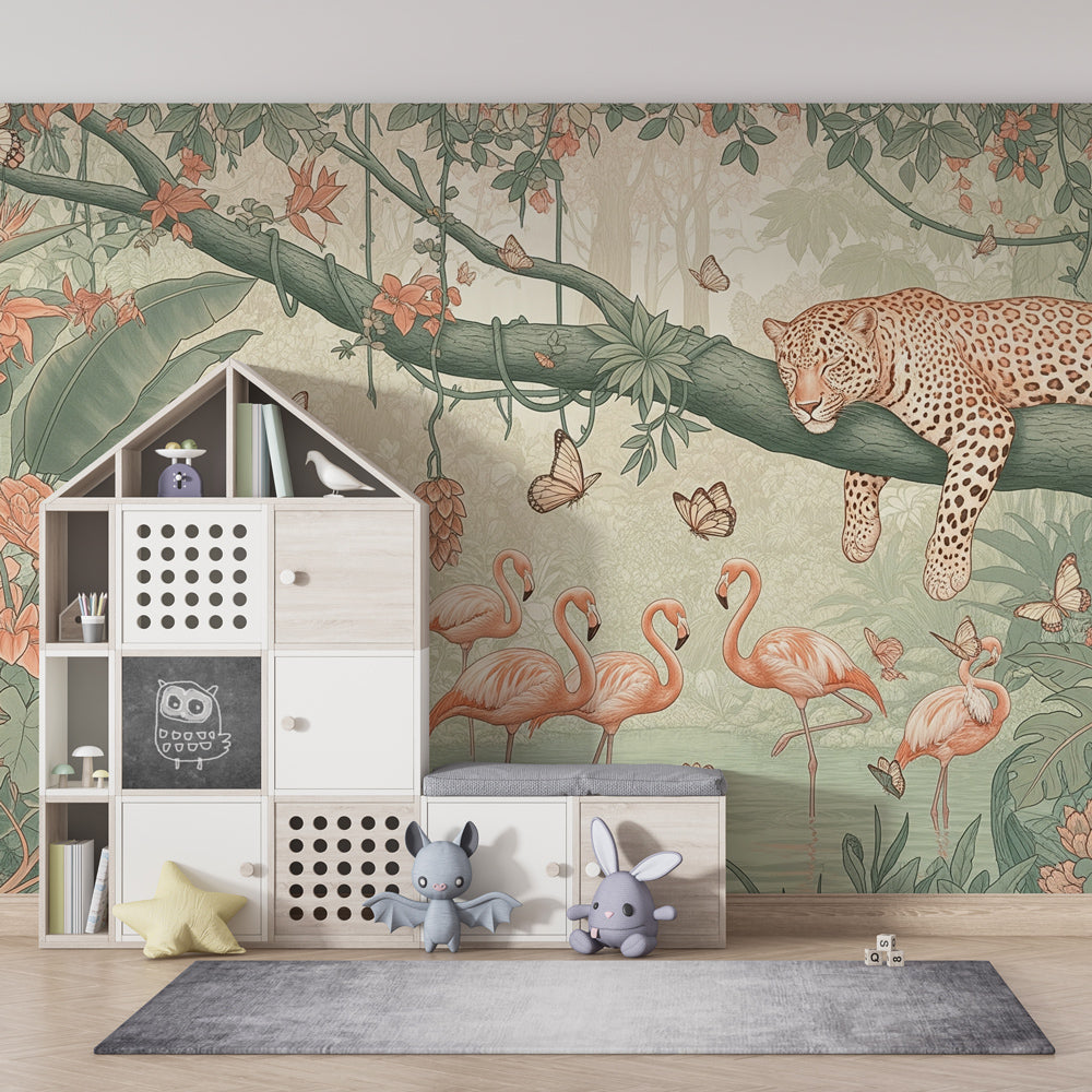 Safari themed wallpaper creating tropical paradise in children's bedroom decor