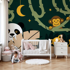 Safari themed mural wallpaper creating tropical atmosphere in children's bedroom