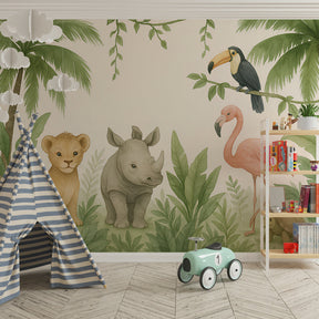 Tropical animals wallpaper featuring lion cub and flamingo in children's bedroom setting