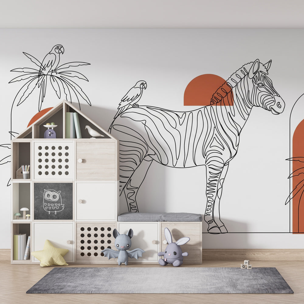 Safari themed mural wallpaper creating adventurous kids bedroom atmosphere with tropical animals