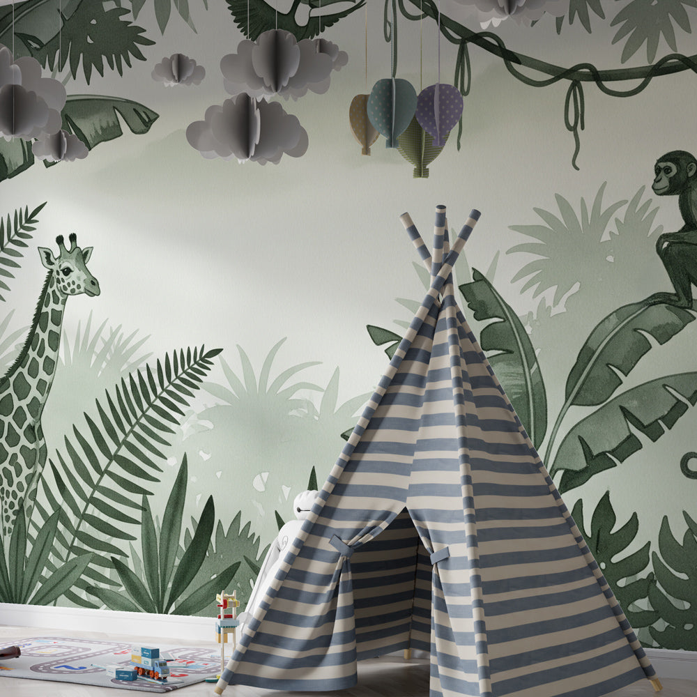 Black and white jungle wallpaper with tropical animals for modern kids bedroom decor