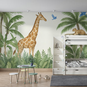 Safari adventure wallpaper creating tropical atmosphere in children's bedroom with natural furniture