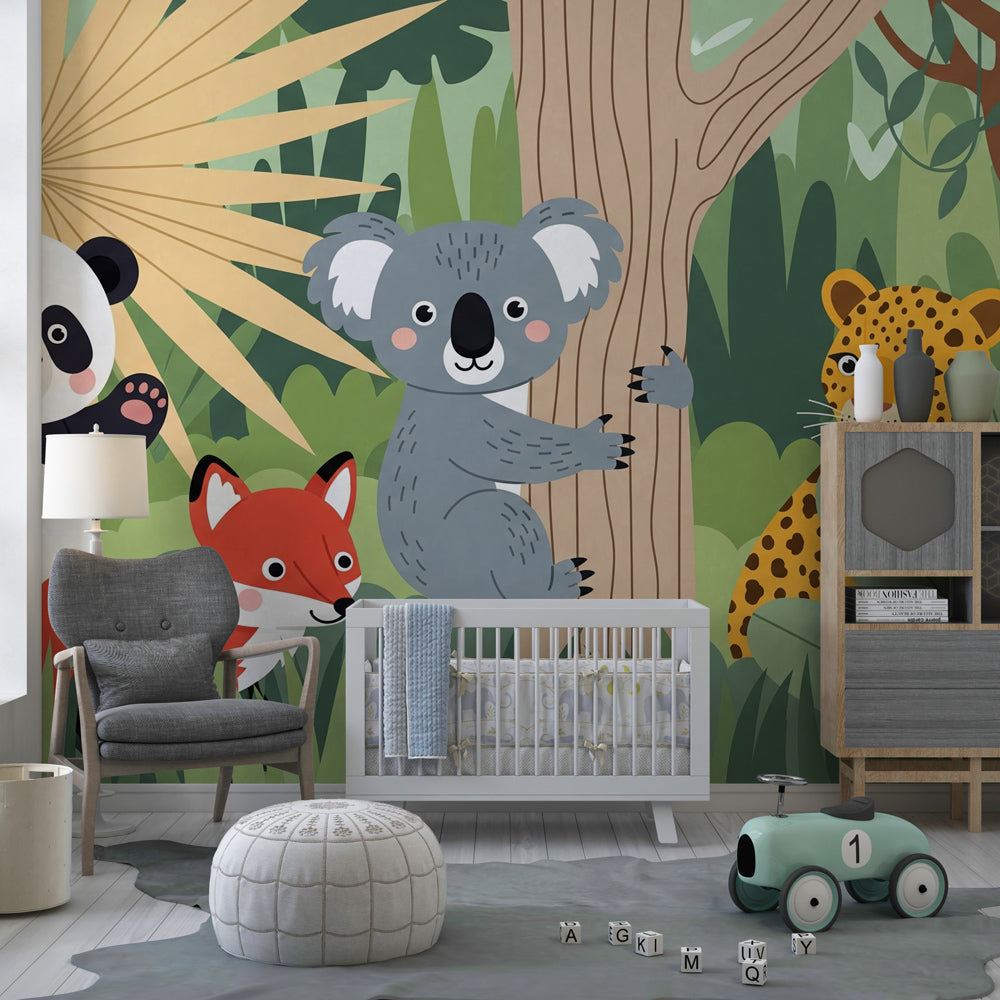 Colorful jungle safari wallpaper creating adventurous kids bedroom atmosphere with animal theme