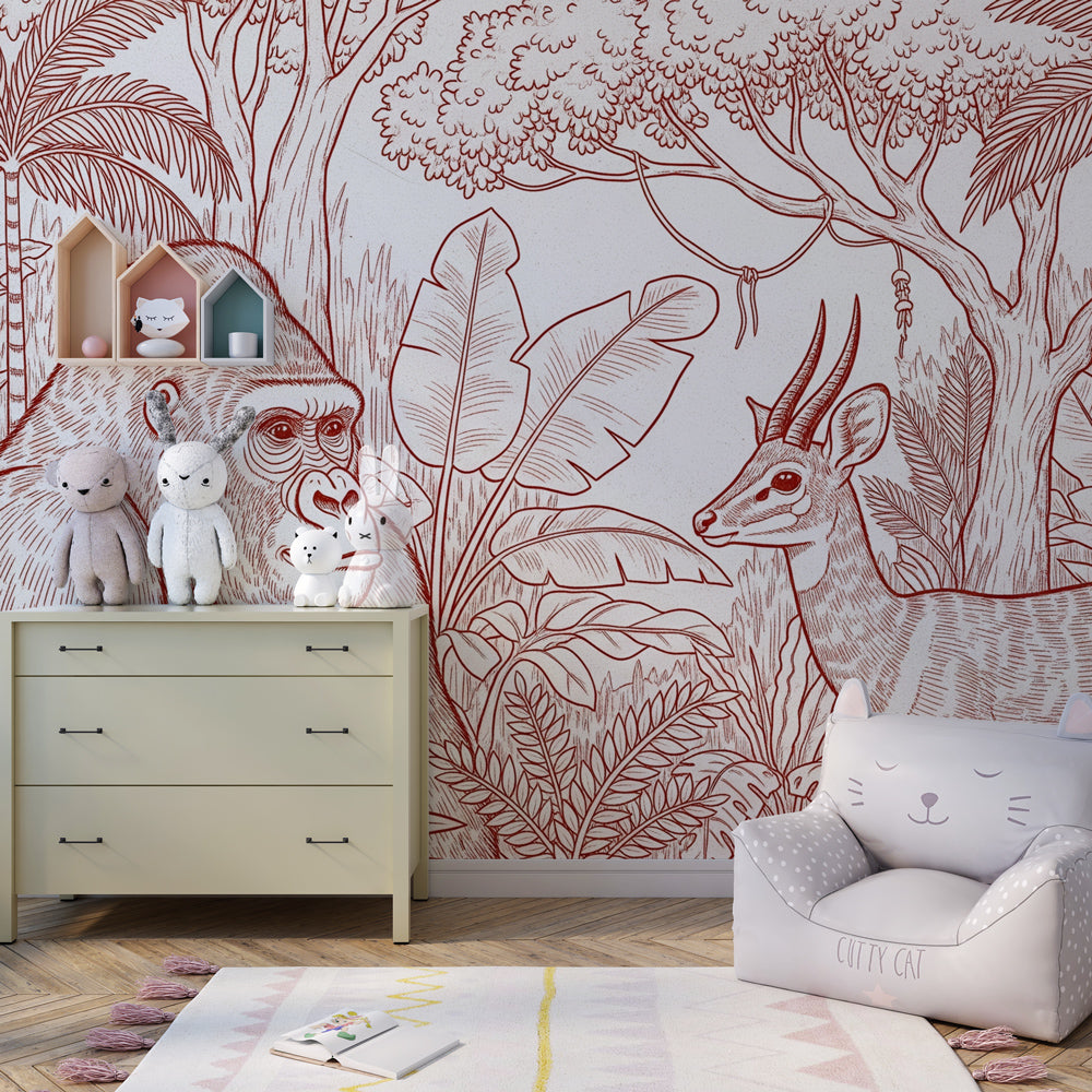 Safari themed kids bedroom featuring jungle animals wallpaper with natural wood furniture