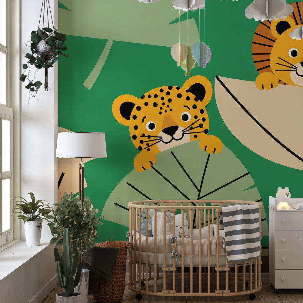 Safari adventure mural wallpaper transforming kids bedroom with tropical animals and green foliage