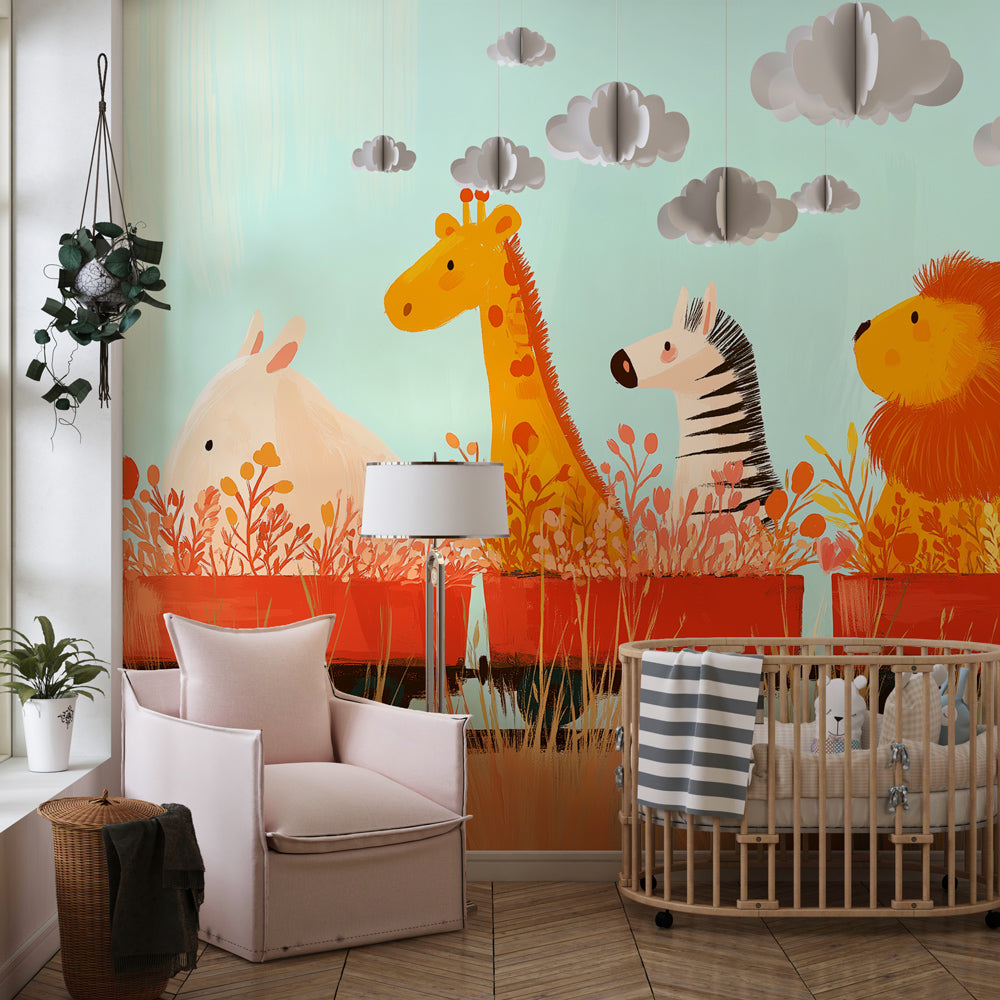 Safari adventure wallpaper creating magical children's bedroom atmosphere with animal train