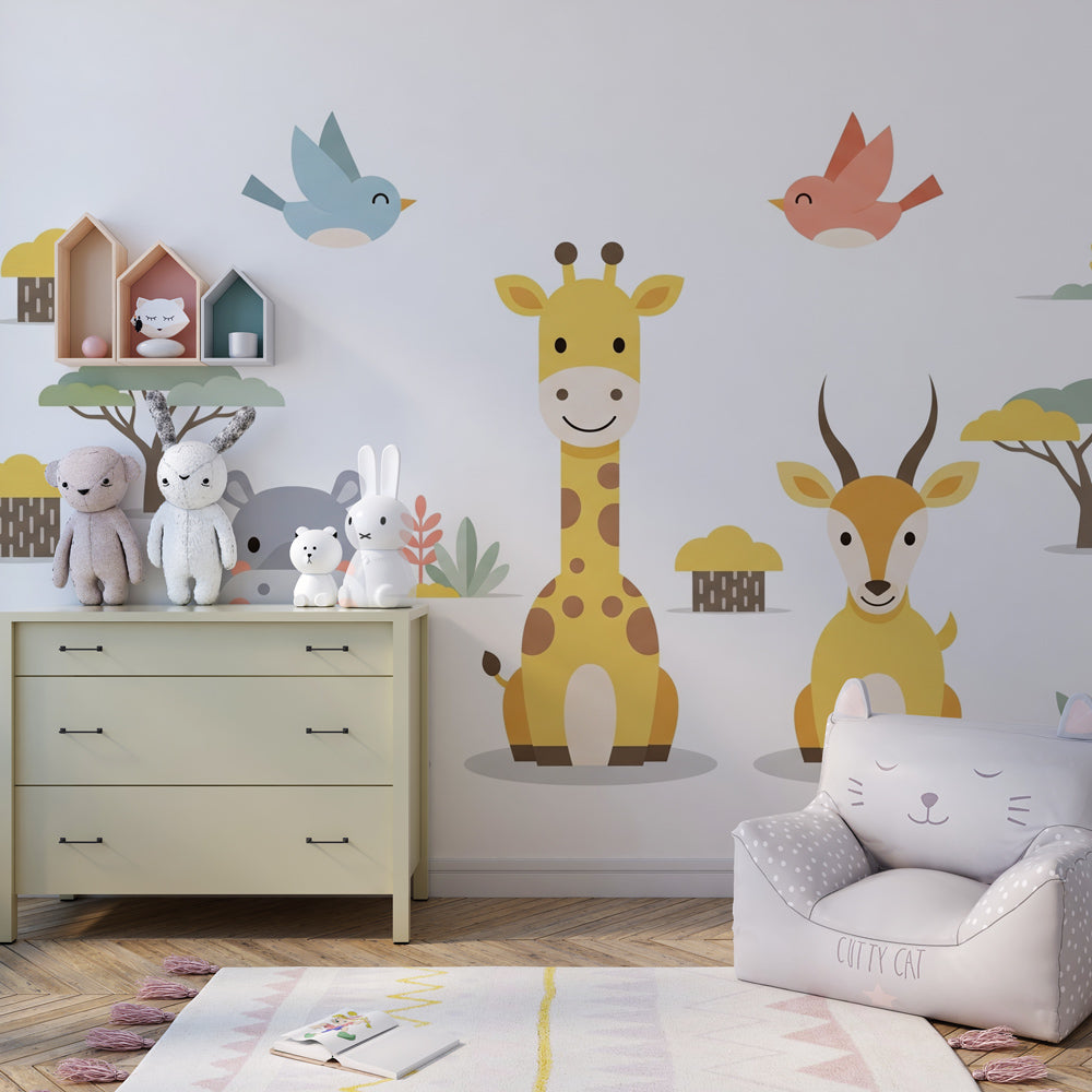 Happy safari animals wallpaper creating playful atmosphere in children's bedroom