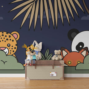 Safari animal wallpaper creating magical jungle atmosphere in children's bedroom