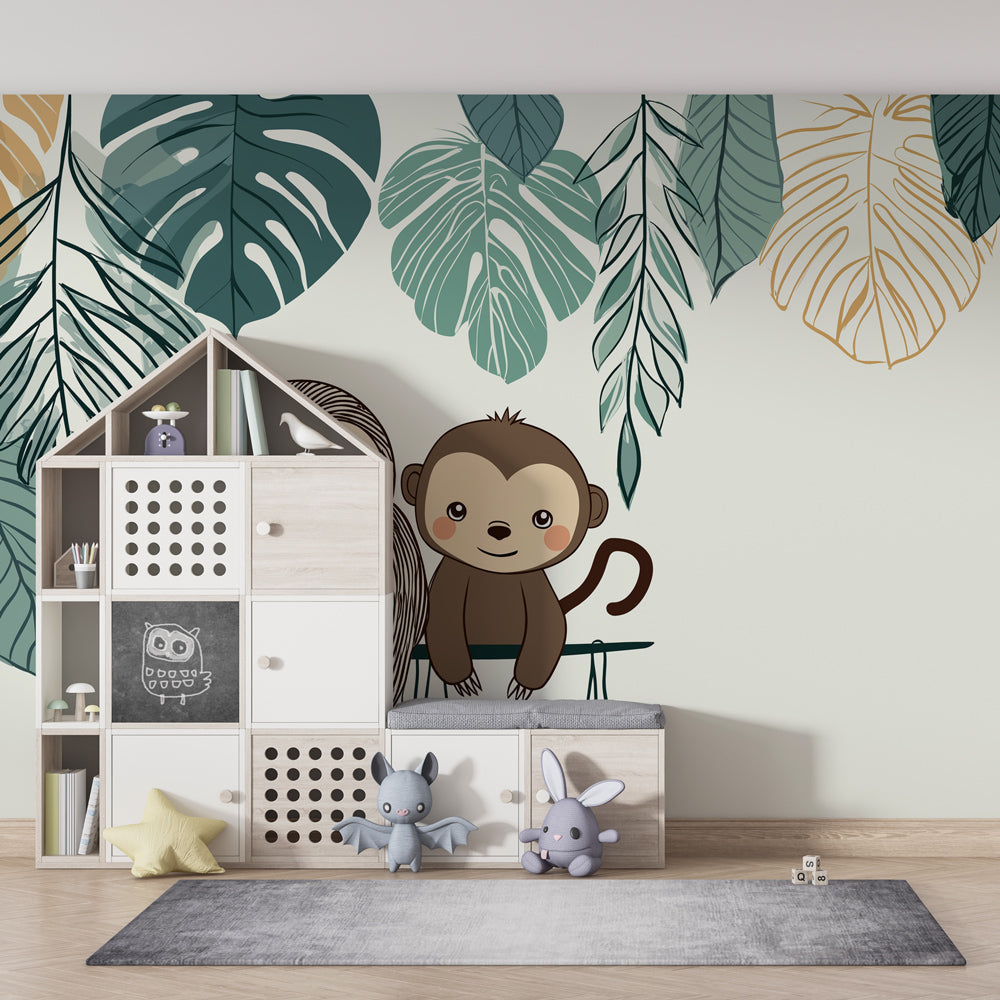 Tropical sloth and monkey wallpaper creating adventure-themed kids bedroom atmosphere