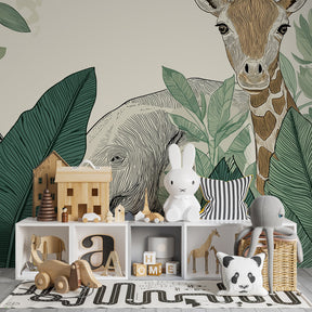 Safari animals wallpaper creating adventurous atmosphere in children's bedroom with natural decor