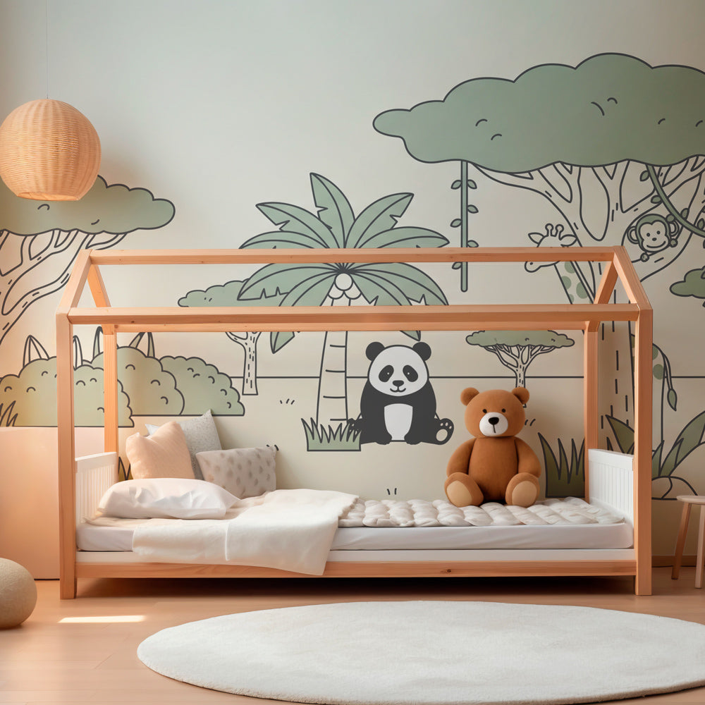 Soft beige jungle themed mural wallpaper with panda and giraffe for kids room by Kids-Mundo