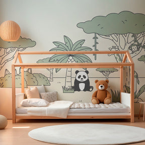 Soft beige jungle themed mural wallpaper with panda and giraffe for kids room by Kids-Mundo