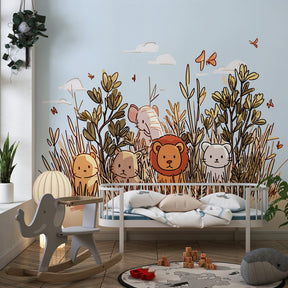 Cute jungle animals mural wallpaper with blue sky background in children's room setting
