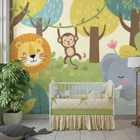 Safari theme jungle wallpaper with cute animals decorating colorful children's bedroom space