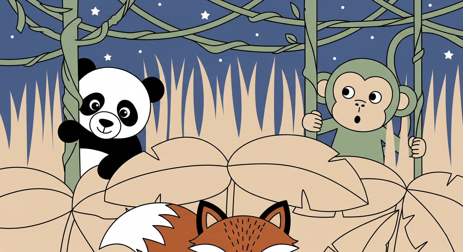 Detailed jungle animals mural wallpaper design pattern featuring panda and monkey by Kids-Mundo