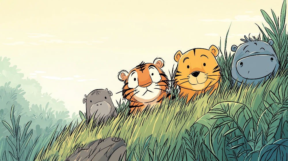 Detailed jungle animals mural wallpaper design pattern showing tigers and hippo by Kids-Mundo