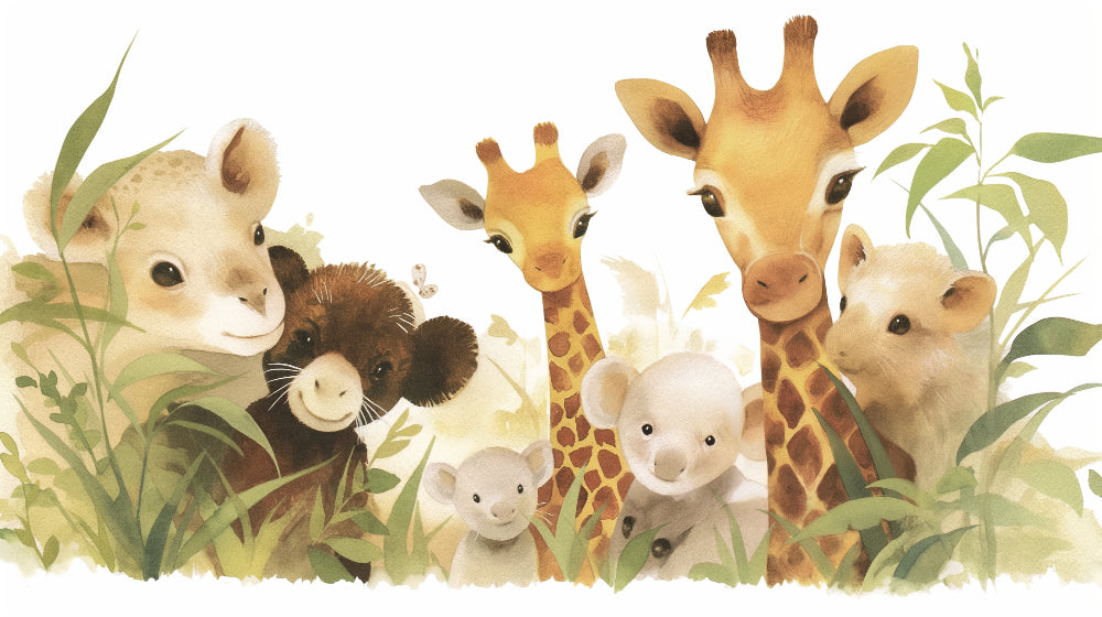 Detailed jungle animals mural wallpaper design pattern featuring giraffe and safari creatures by Kids-Mundo