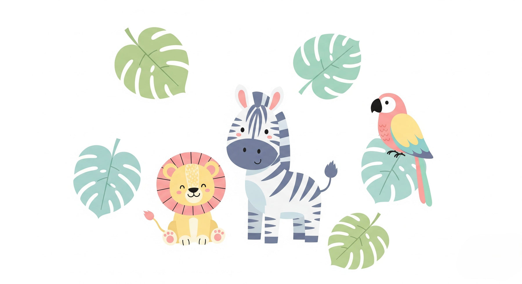 Detailed jungle animals mural wallpaper design pattern with tropical leaves by Kids-Mundo
