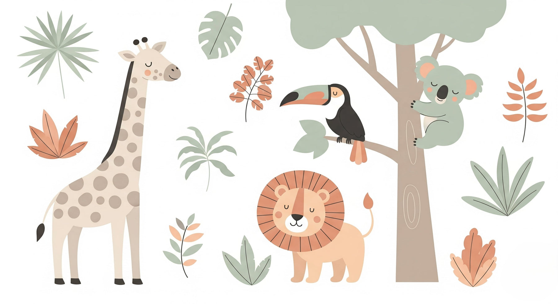 Detailed jungle animals mural wallpaper design pattern with giraffe lion koala toucan by Kids-Mundo
