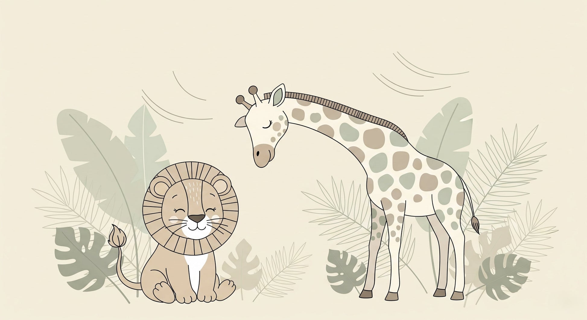 Detailed jungle animals mural wallpaper design pattern showing lion giraffe and tropical foliage by Kids-Mundo