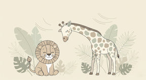 Detailed jungle animals mural wallpaper design pattern showing lion giraffe and tropical foliage by Kids-Mundo