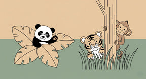 Detailed jungle animals mural wallpaper design pattern with panda tiger monkey by Kids-Mundo