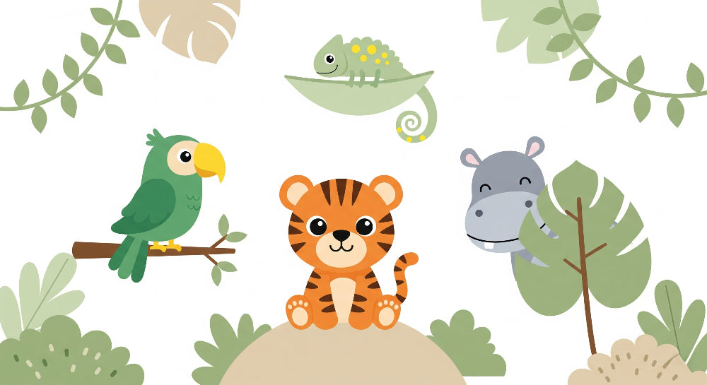 Detailed jungle animals mural wallpaper design pattern with tiger, parrot, chameleon and hippo by Kids-Mundo