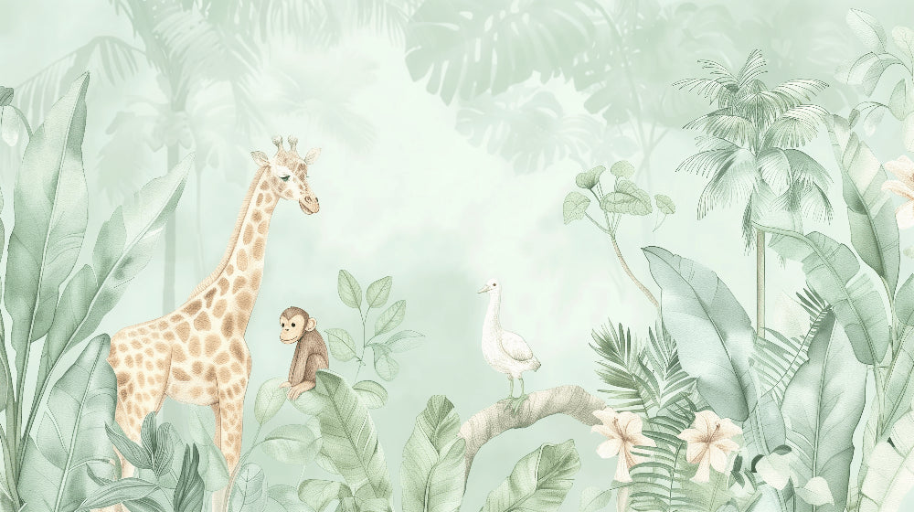 Detailed jungle animals mural wallpaper design pattern with giraffes and monkeys by Kids-Mundo