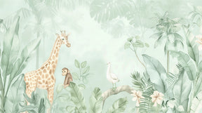 Detailed jungle animals mural wallpaper design pattern with giraffes and monkeys by Kids-Mundo