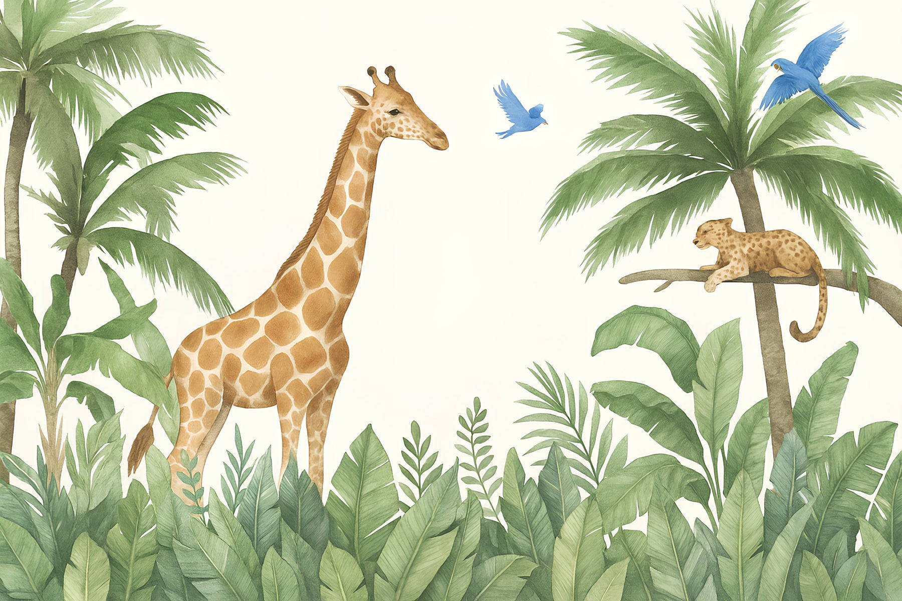 Detailed jungle animals mural wallpaper design pattern with giraffe leopard and tropical birds by Kids-Mundo