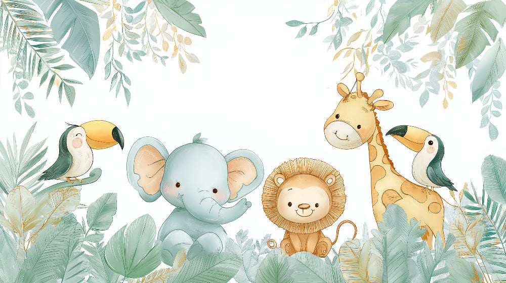 Detailed jungle animals mural wallpaper design pattern showing safari friends and tropical foliage by Kids-Mundo