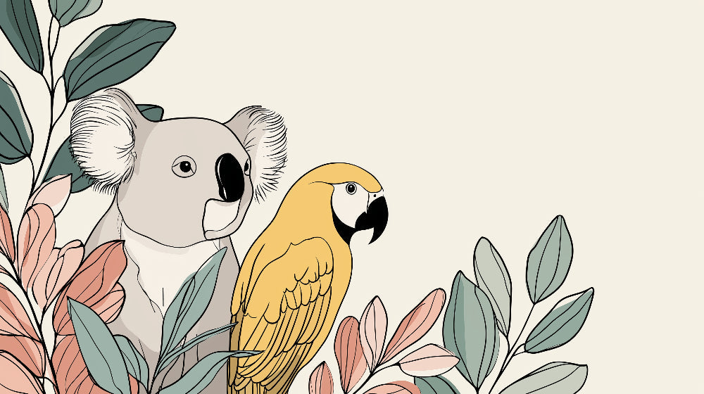 Detailed jungle animals mural wallpaper design pattern featuring koala and parrot by Kids-Mundo