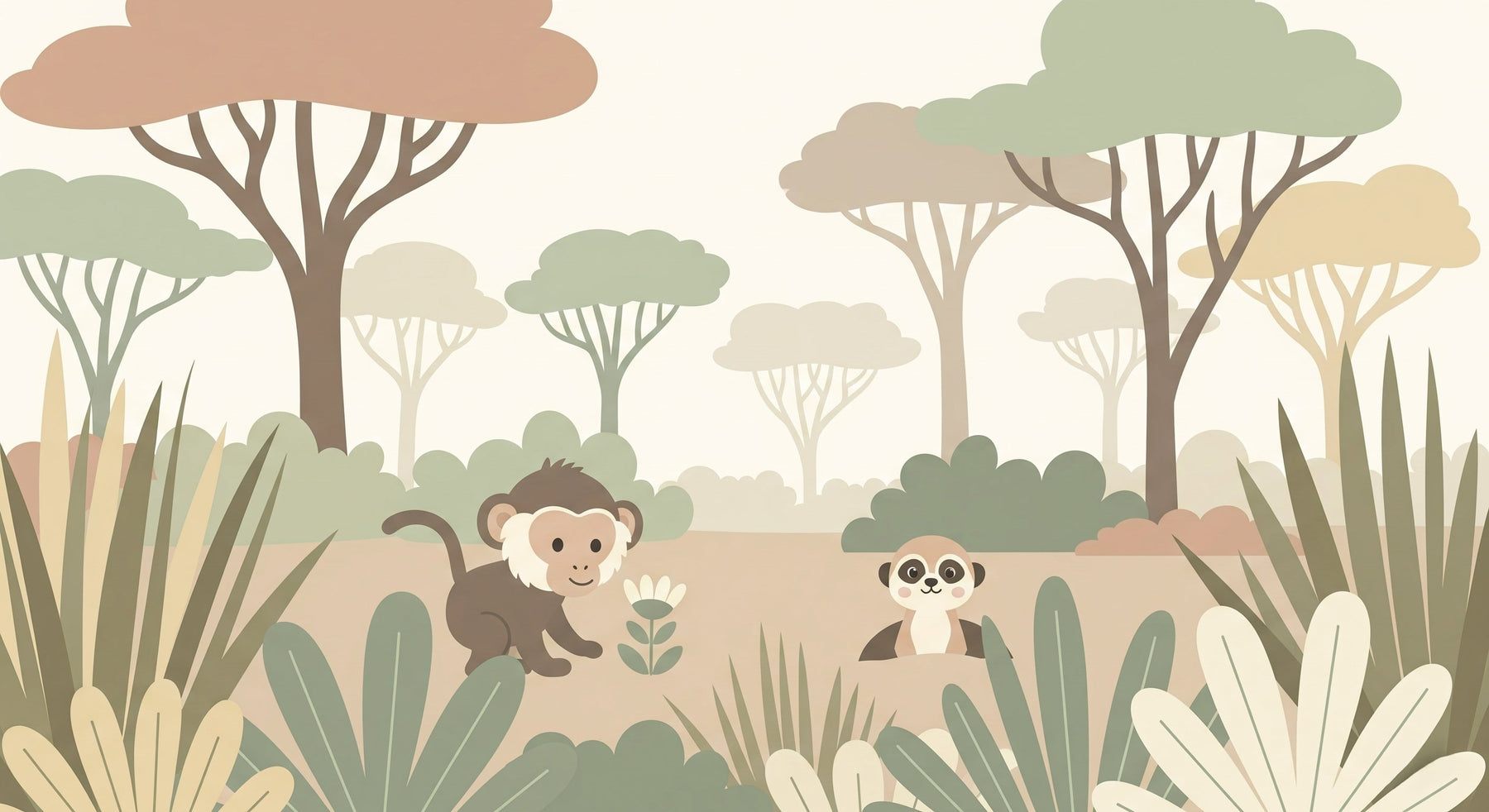 Detailed jungle animals mural wallpaper design pattern with monkey and meerkat by Kids-Mundo