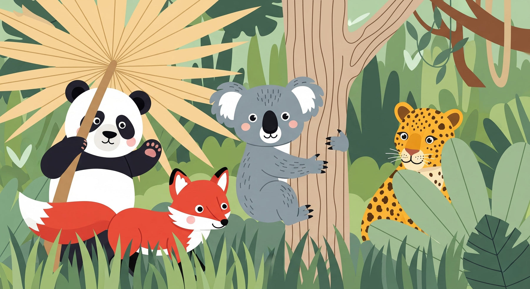 Detailed jungle animals mural wallpaper design pattern with panda koala fox leopard by Kids-Mundo