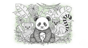 Detailed jungle animals mural wallpaper design pattern with panda koala lemur by Kids-Mundo